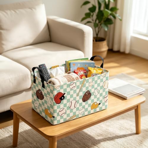 Rectangular Collapsible Storage Basket Toy Organizer Green Grid Baseball - Image 6
