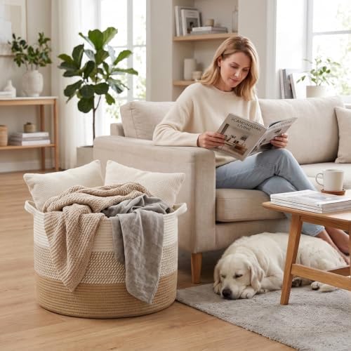 65L Large Blanket Basket, Cotton Rope Woven Laundry Basket-Yellow - Image 4