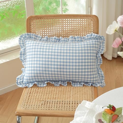 Set of 2 Light Blue Ruffled Lumbar Pillow Covers 12x20 Inch, Gingham Plaid Blue - Image 2