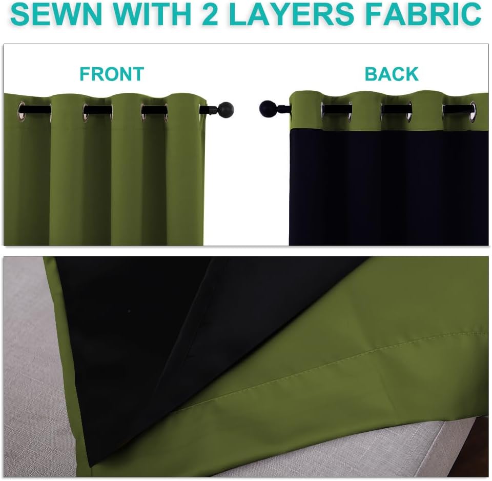 NICETOWN 100% Blackout Curtains 45 inches Long, Olive Green, 1 Pair, 42 inches Width Each Panel, 2 Thick Layers Completely Blackout Window Treatment Thermal Insulated Lined Drapes for Small Window