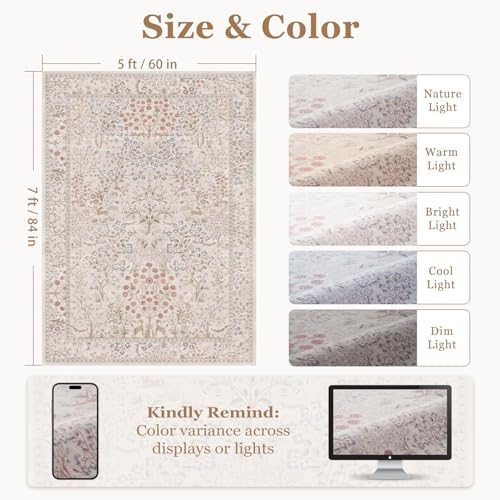 Cream Girls Room Rug 5x7, Low Pile Thin Baby Girl Nursery Rug, Floral Animals - Image 2