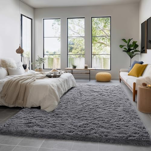 Amdrebio Grey Shag Furry Fuzzy Area Rug 5x8 - Image 3