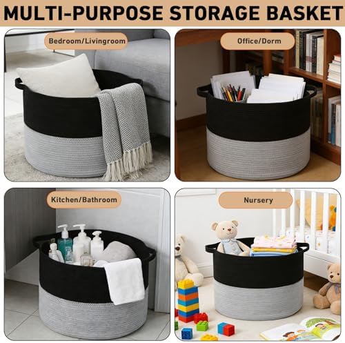65L Large Blanket Basket, Woven Laundry Basket-Black&Light Grey - Image 6