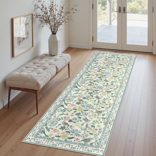 Rugalia Green Floral Runner Rug, 2x6 Washable Rug Runners by Rugalia