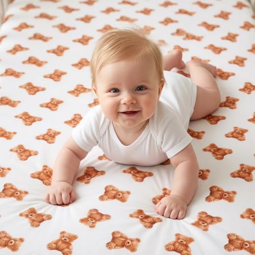 4 Pack Bear Baby Sheets Neutral Unisex Fitted Checked Nursery Baby Sheet Set - Image 5
