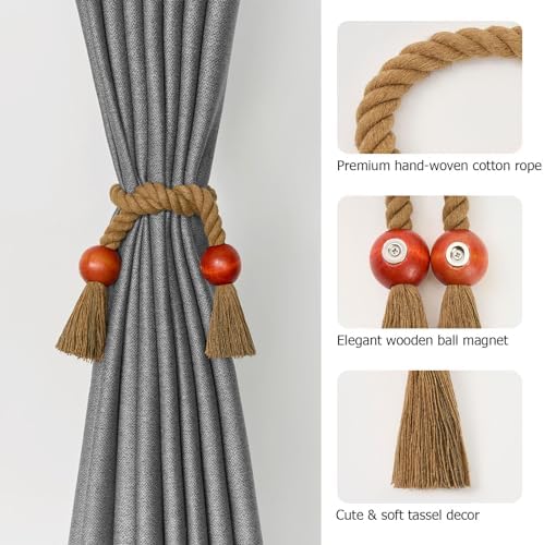 NICEEC 4 Pack Wooden Ball Magnetic Curtain Tiebacks Boho Home Decor Drape Tie - Image 3