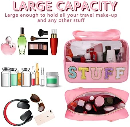 Iqimott Chenille Letter Patch Stuff Bag, Preppy Clear Makeup Cosmetic Bag Large - Image 4