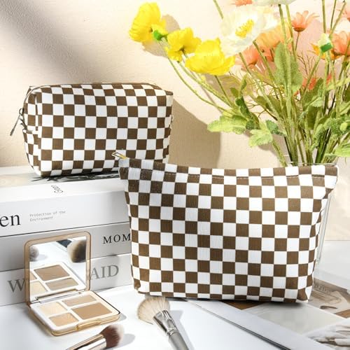 SOIDRAM 2 Pcs Checkered Makeup Bag Large Cosmetic Bag Toiletry Bag Makeup Pouch - Image 2