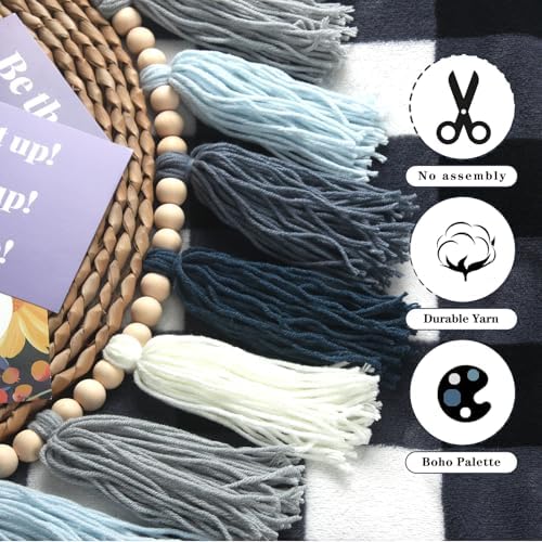 Dusty Blue Yarn Tassel Garland Wall Hanging Decor Coastal Boho Tassels Bunting - Image 6