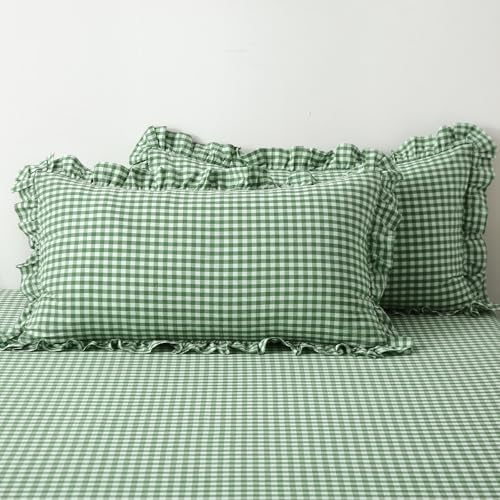 2 Pack Christmas Green White Plaid Ruffle Gingham King Size Pillow Shams by KMASANIJI