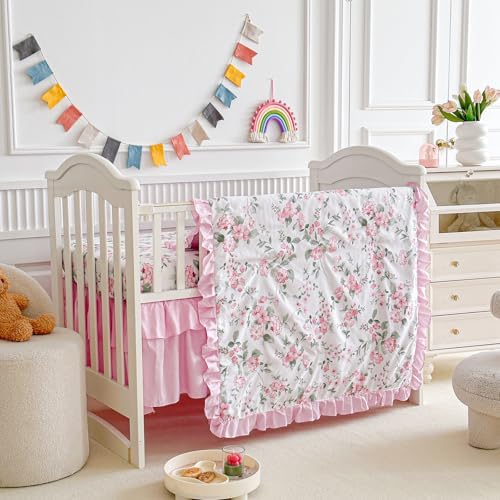 3 Pieces Pink Rose Flowers Crib Bedding Set Baby Ruffled Quilted Comforter - Image 2