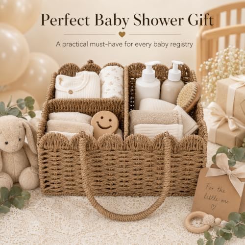 Large Wicker Diaper Caddy Organizer, Scalloped Nursery Basket - Image 7