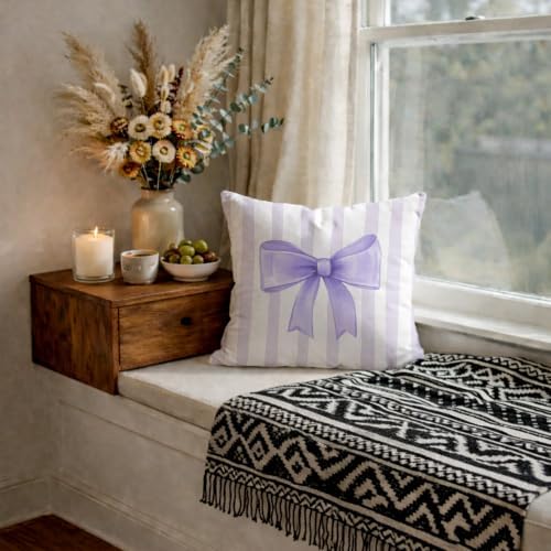 Lilac Bow Decorative Throw Pillow 18x18 Inch – Cute Blush Pink Striped Pillow - Image 6