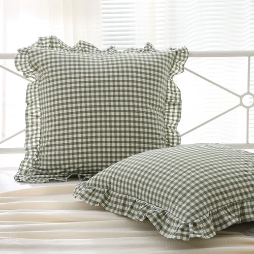 2 Pack Sage Green Gingham Euro Shams Pillow Covers 26''x26'' by KMASANIJI