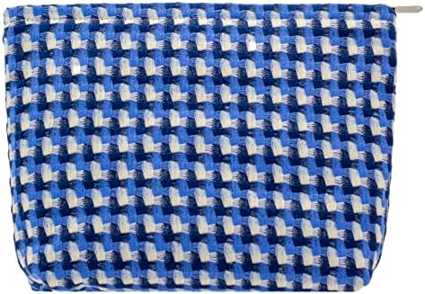 Flat Makeup Bag for Women, Zipper Cosmetic Pouch for Purse, Grid Lake Blue by PAZIMIIK