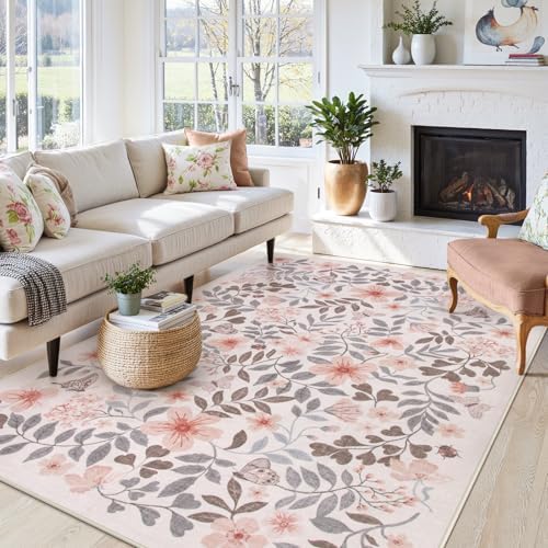 Lahome Fall Floral Area Rugs for Bedroom, 8x10 Light Brown Botanical Rug - Image 3