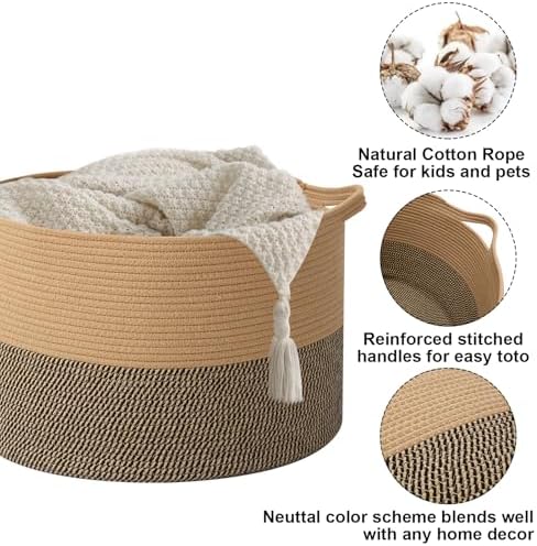65L Large Blanket Basket, Rope Woven Laundry Baskets-Jute&Black - Image 3