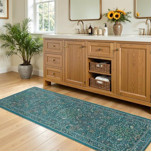 Teal Woodland 2.6x8 Runner Rug for Hallways Non Slip, Low Pile Thin Washable - Image 4