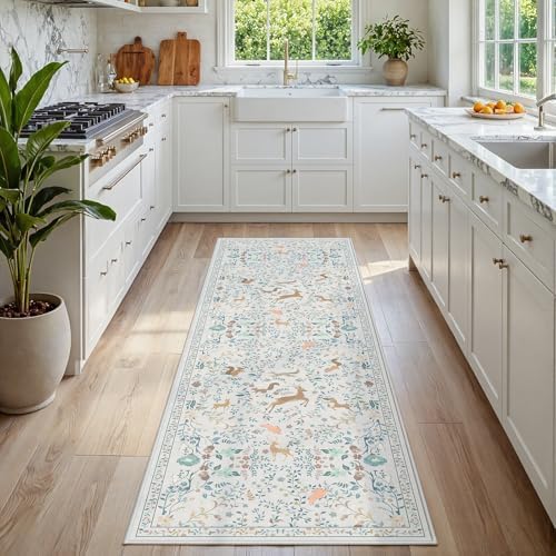 Runner Rug Washable Runners Kitchen Rugs Non Slip Neutral Floral Carpet by Yidanamy