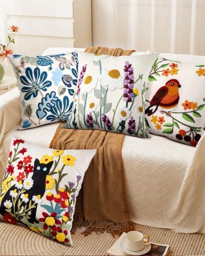 Embroidered Throw Pillow Cover, 18x18 Inch, Wildflower - Image 6