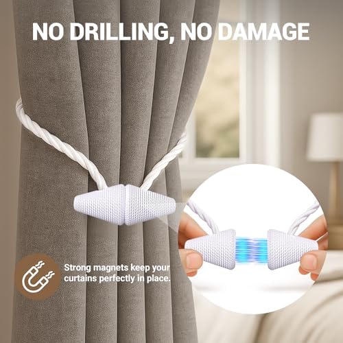 Hion Magnetic Curtain Tiebacks White 2pcs, Curtain Holdbacks Hooks Holders - Image 7
