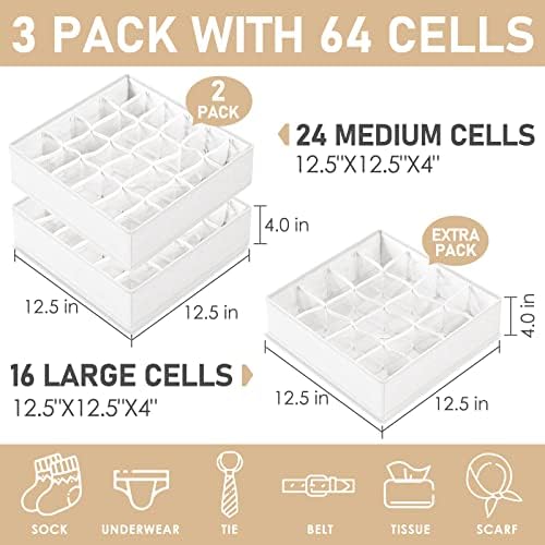 Criusia 3 Pack Sock Underwear Drawer Organizer Dividers, 64 Cell Fabric - Image 2