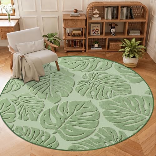 Sage Green Monstera 6x6 Round Area Rugs High-Low Plush Pile Washable by ArenaRug