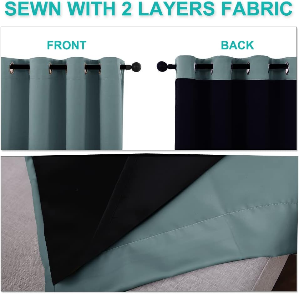 NICETOWN 100% Blackout Curtains for Windows, Pack of 2, Greyish Blue, 52" W x 120" L, Super Heavy-Duty Black Lined Total Darkness Drapes for Bedroom, Privacy Assured Window Treatment for Patio
