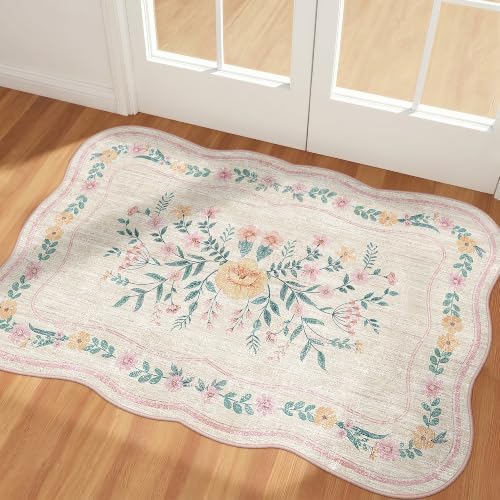 Scalloped Door Mat 2x3 Small Pink Floral Washable Entryway Rug by Dadasgk