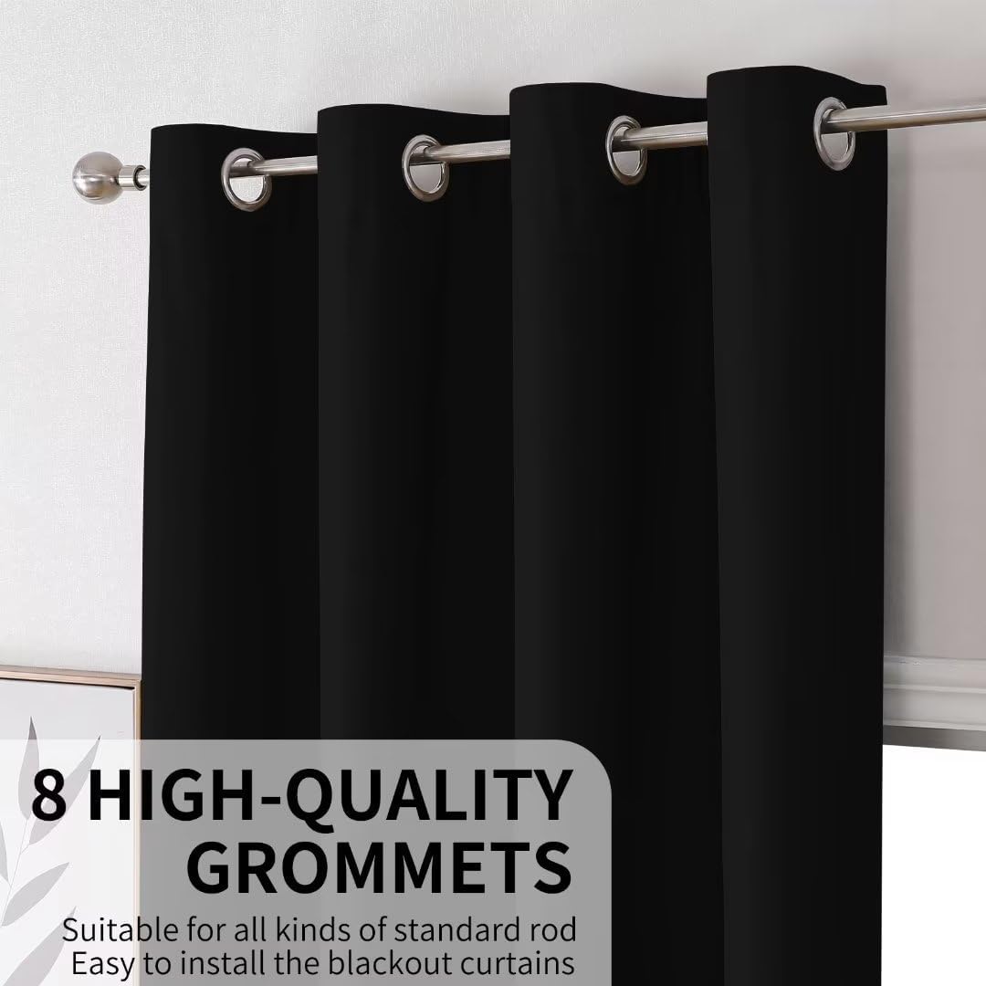 Joydeco Black Blackout Curtains 96 Inches Long for Living Room, Grommet Solid Black Curtains 96 Inches Long for Bedroom, Room Darkeing 96 Inch Black Out Curtains 2 Panels for Bedroom