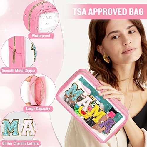 Chenille Letter Clear Makeup Bags Mama Pouch, Preppy Patch Makeup Bag - Image 3