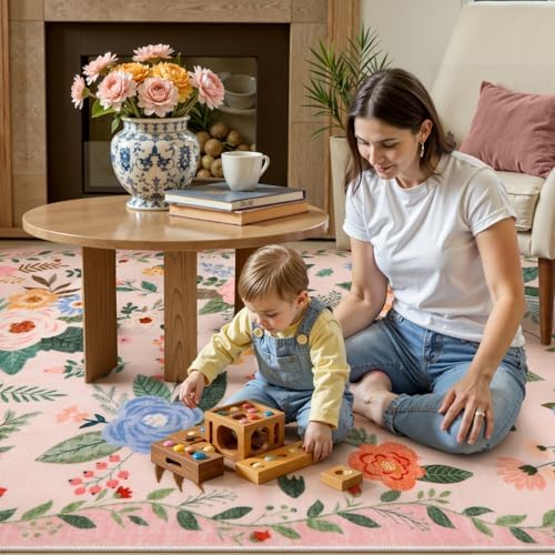 Lahome Pink Rugs for Kids Room 8x10, Pastel Floral Border Decor for Girls Room - Image 2