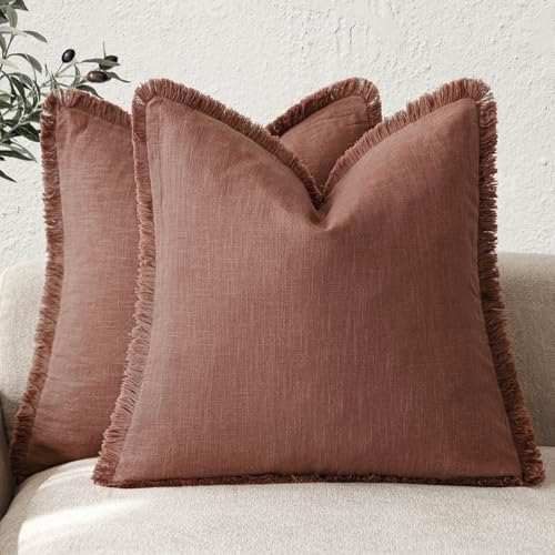 Foindtower Decorative Linen Fringe Throw Pillow Covers 16×16 Inch, Rust Red by Foindtower