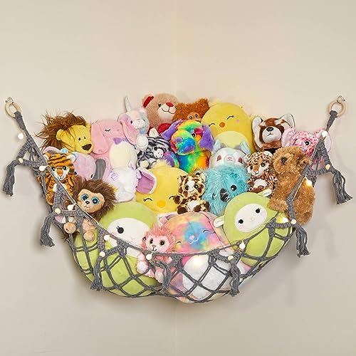 Large Macrame Stuffed Animal Storage Hammock w/Lights 1 Pack | Holds 12 lbs | by LillysLove
