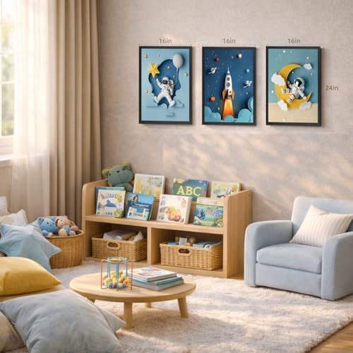 PORENY Astronaut Nursery Wall Art Set of 3, Rocket Moon Planet Canvas Prints - Image 5