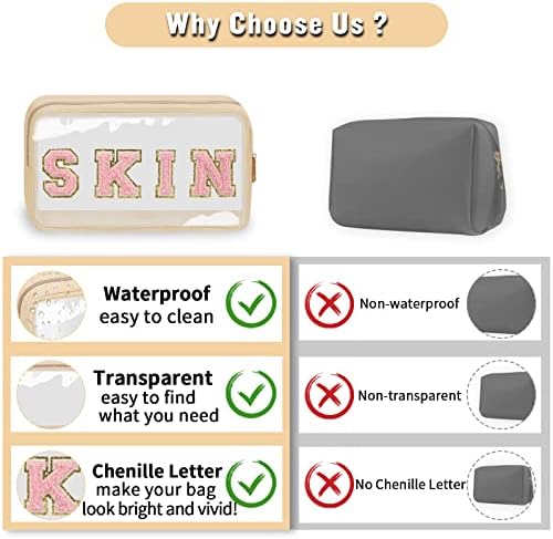 Chenille Letter Clear Makeup Bags Skin Pouch, Preppy Patch Makeup Bag - Image 6