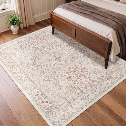 Cream Girls Room Rug 5x7, Low Pile Thin Baby Girl Nursery Rug, Floral Animals - Image 5