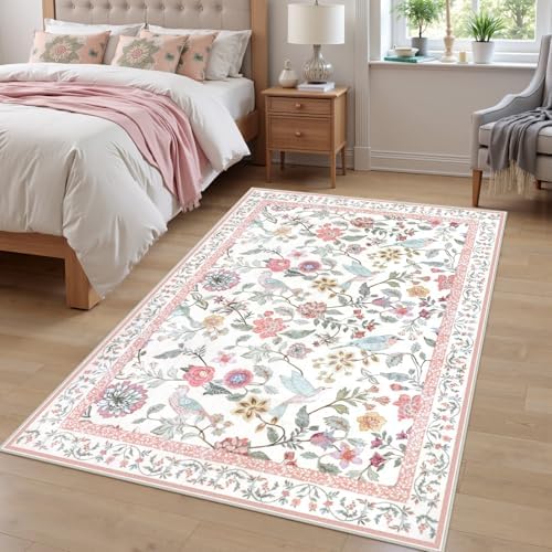 Rugalia Washable Floral Area Rug, 4x6 Pink Girls Bedroom Rug Soft Non-Slip - Image 5