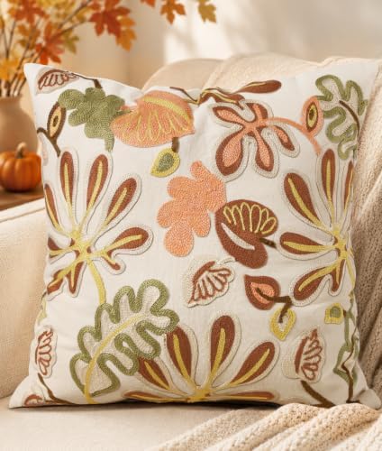 Embroidered Throw Pillow Cover, 18x18 Inch, Fall Abstract Floral by Kokaaee