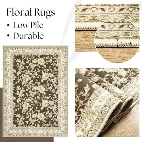 Floral Boho Rug 4x6 with Washable Non Slip Boho Soft Carpet Brown Beige - Image 7