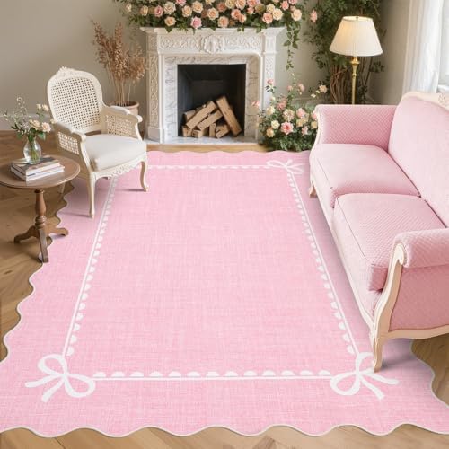 GarveeHome Scalloped Bow Rug 8x10 Washable Pink Rug by GarveeHome