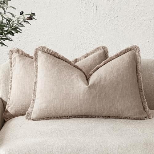 Foindtower Boho Linen Fringe Lumbar Throw Pillow Covers 12×20 Natural Linen by Foindtower