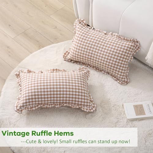 2 Pack Taupe Gingham Ruffle Lumbar Throw Pillow Shams 12''x20'' - Image 4
