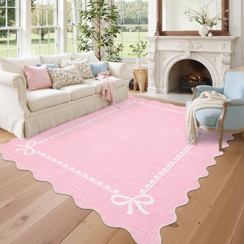 GarveeHome Scalloped Bow Rug 5x7 Washable Pink Rugs by GarveeHome