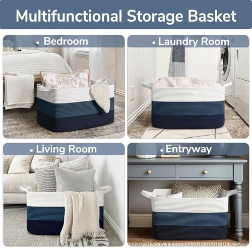 Goodpick Large Woven Rope Blanket Basket, Light Blue - Image 4