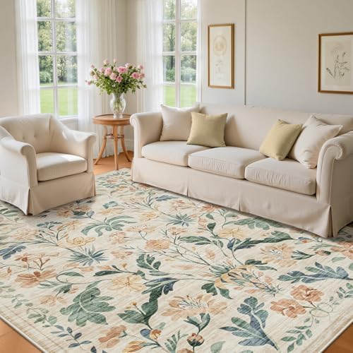 9x12 Area Rugs Boho Floral Washable Living Room Rug Neutral Carpet Bedroom - Image 2