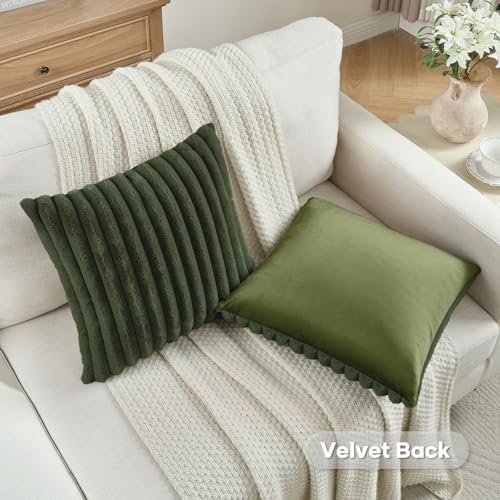 FUTEI Pack of 2 Faux Fur Throw Pillow Covers 24x24 Inch, Olive Green - Image 4