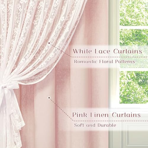 ASPMIZ Linen Pink Curtains for Bedroom, Double Layered Boho Curtain 63 Inch - Image 2