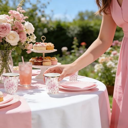WRAPAHOLIC 50 Pcs Floral Paper Cups - 9 oz Pink Toile Flower Disposable Cup - Image 5