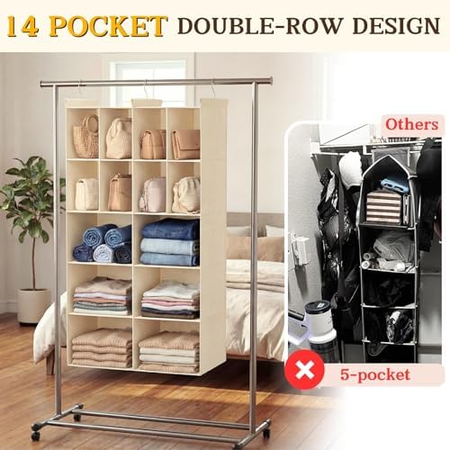 5 Tier Hanging Closet Organizer, 14 Compartments Dual Row Storage - Image 4
